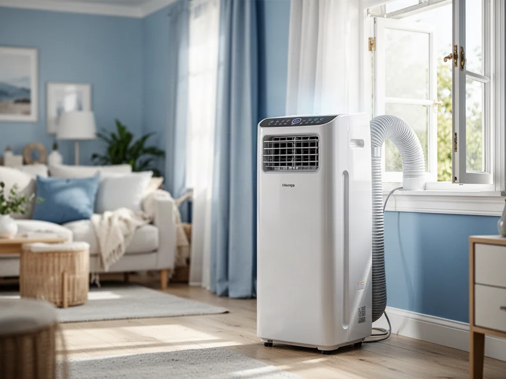 Nowoczesny klimatyzator przenośny z rurą wylotową wystawioną przez okno w jasnym, przytulnym salonie.