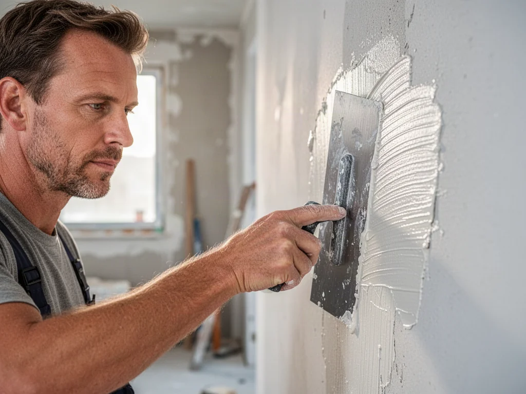 Profesjonalista nakłada świeży tynk silikonowy na ścianę przy użyciu stalowej pacy, wygładzając jego fakturę.