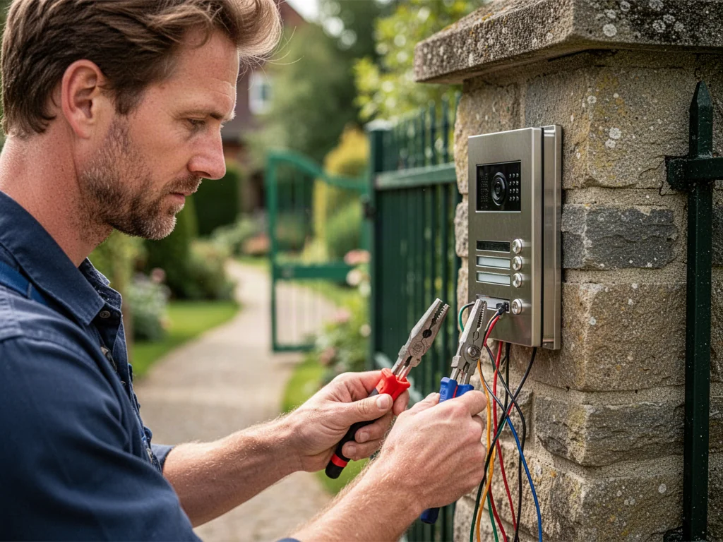 Mężczyzna montuje nowoczesny domofon na kamiennym słupku przy furtce, używając profesjonalnych narzędzi.